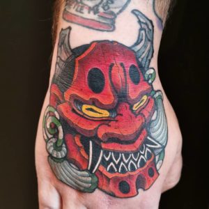 Oni Mask tattoo by Corvidae at Crow Temple Norwich
