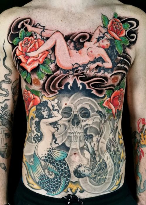 full chest tattoo by Enzo Barbareschi, portrait of reclining nude female figure among roses 